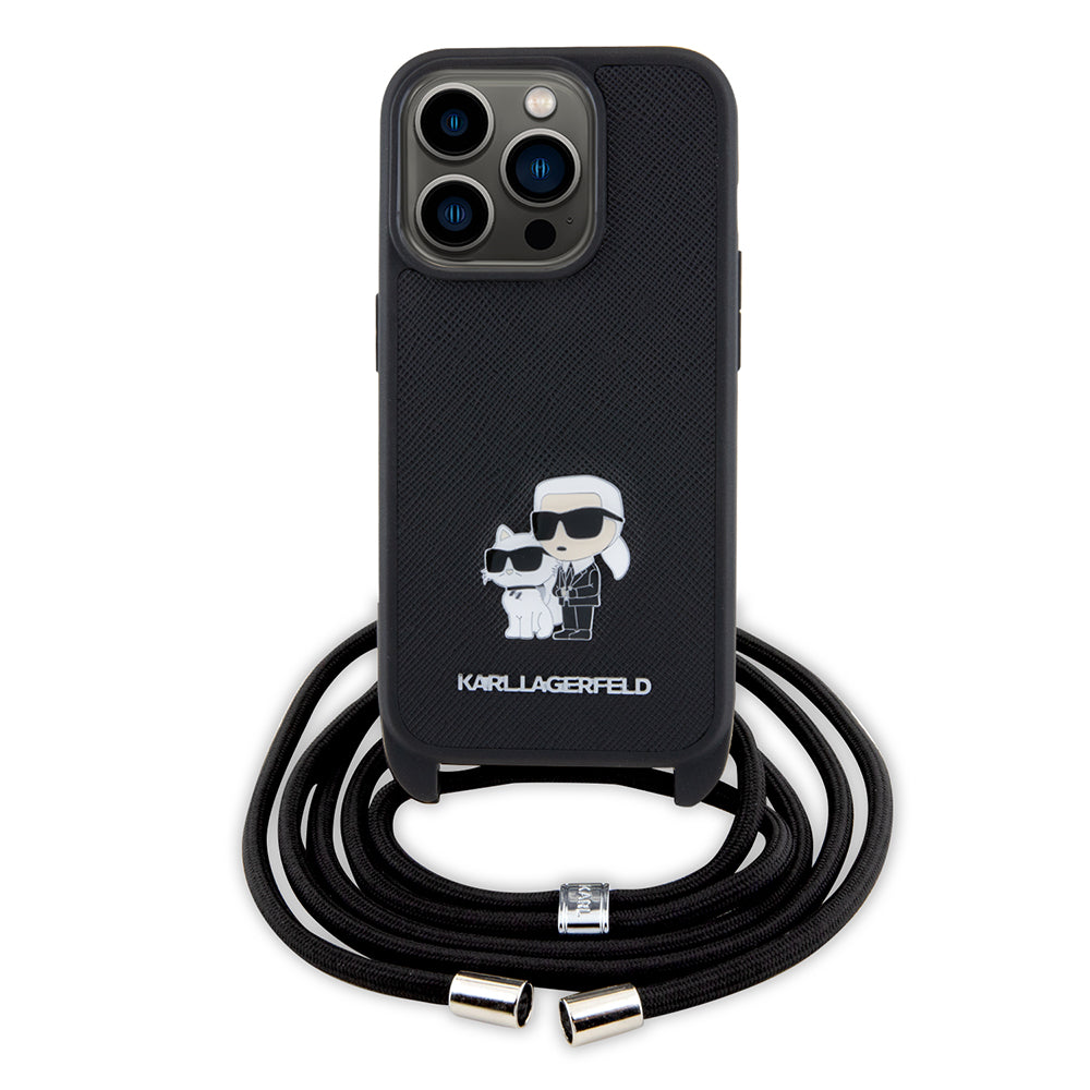Калъф за Apple iPhone 15 Pro, Karl Lagerfeld, Saffiano Crossbody Metal Pin Karl & Choupette, Черен