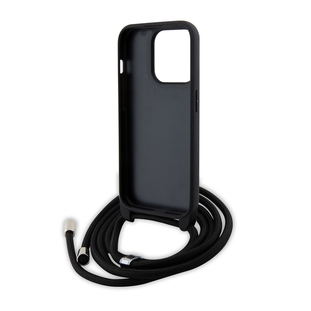 Калъф за Apple iPhone 15 Pro, Karl Lagerfeld, Saffiano Crossbody Metal Pin Karl & Choupette, Черен