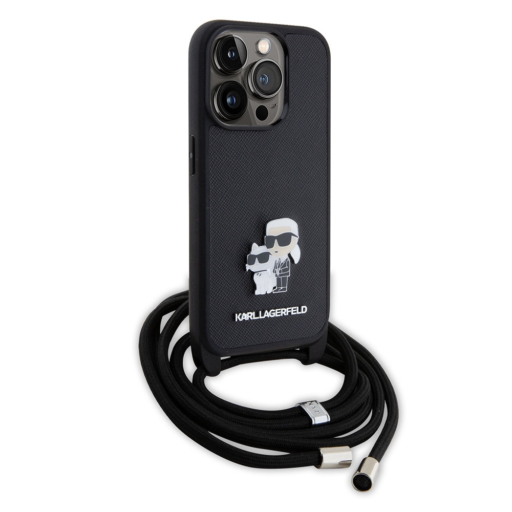 Калъф за Apple iPhone 15 Pro, Karl Lagerfeld, Saffiano Crossbody Metal Pin Karl & Choupette, Черен