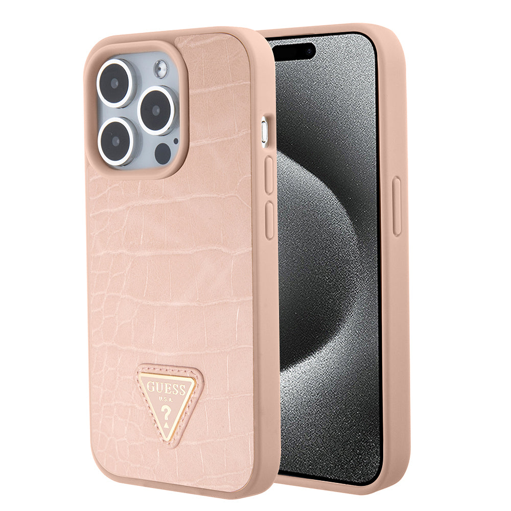 Калъф за Apple iPhone 15 Pro Max, Guess, Croco Triangle Metal Logo, Розов
