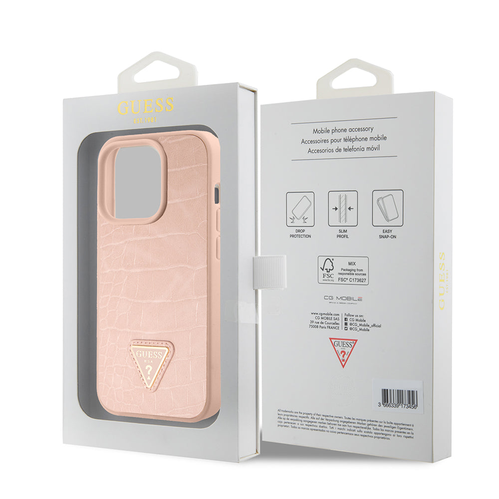 Калъф за Apple iPhone 15 Pro Max, Guess, Croco Triangle Metal Logo, Розов