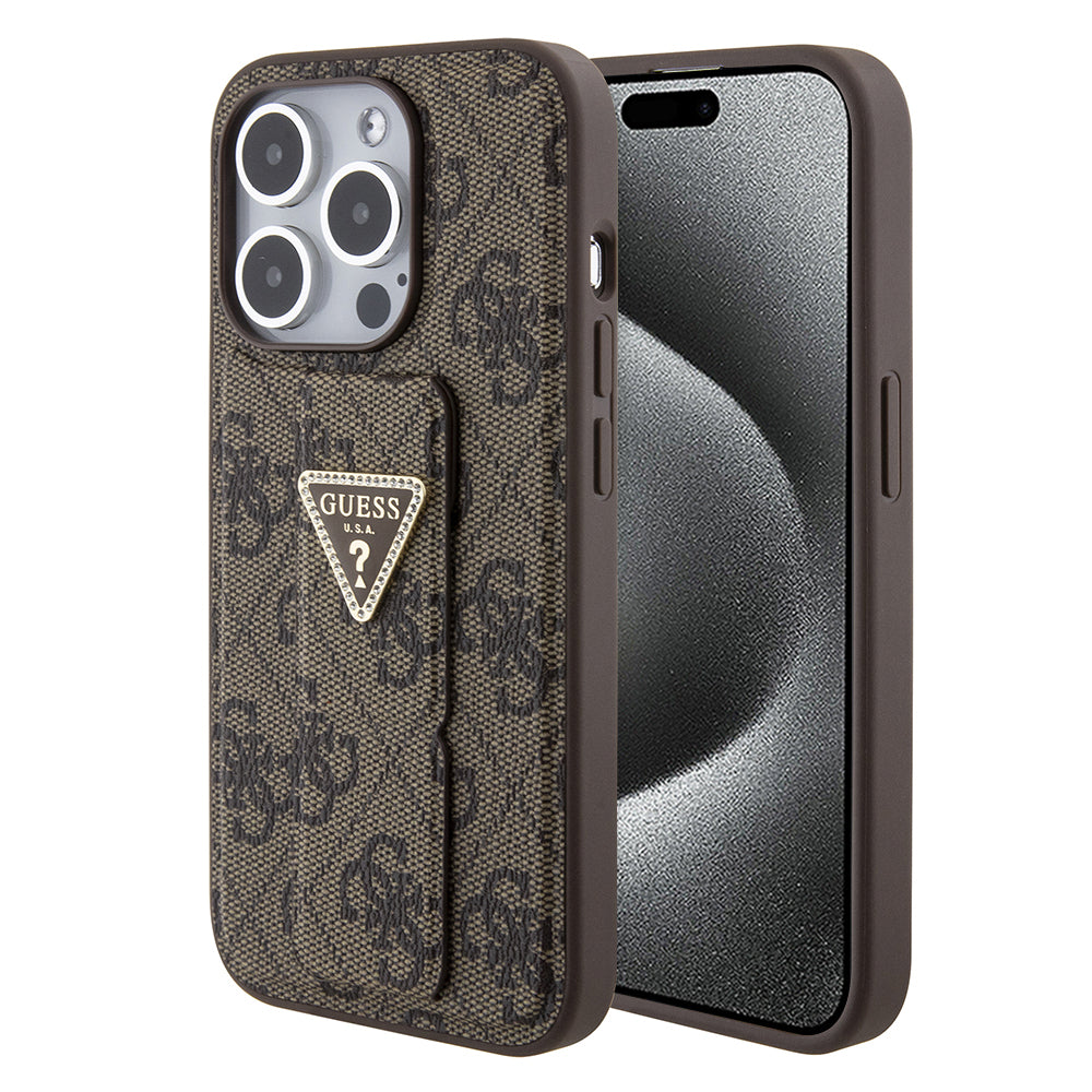 Калъф за Apple iPhone 15 Pro Max, Guess, Grip Stand 4G Triangle Strass, Кафяв