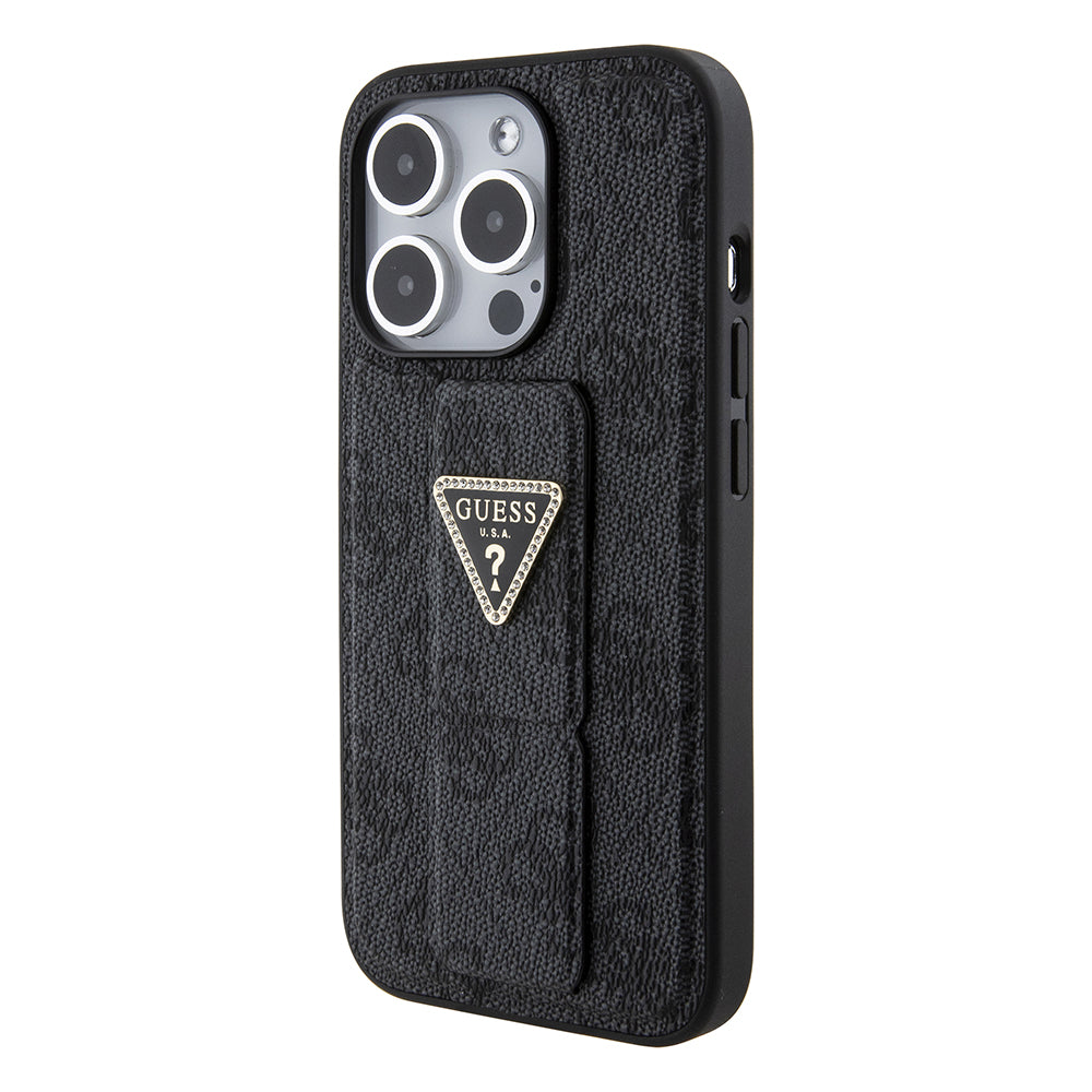 Калъф за Apple iPhone 15 Pro Max, Guess, Grip Stand 4G Triangle Strass, Черен