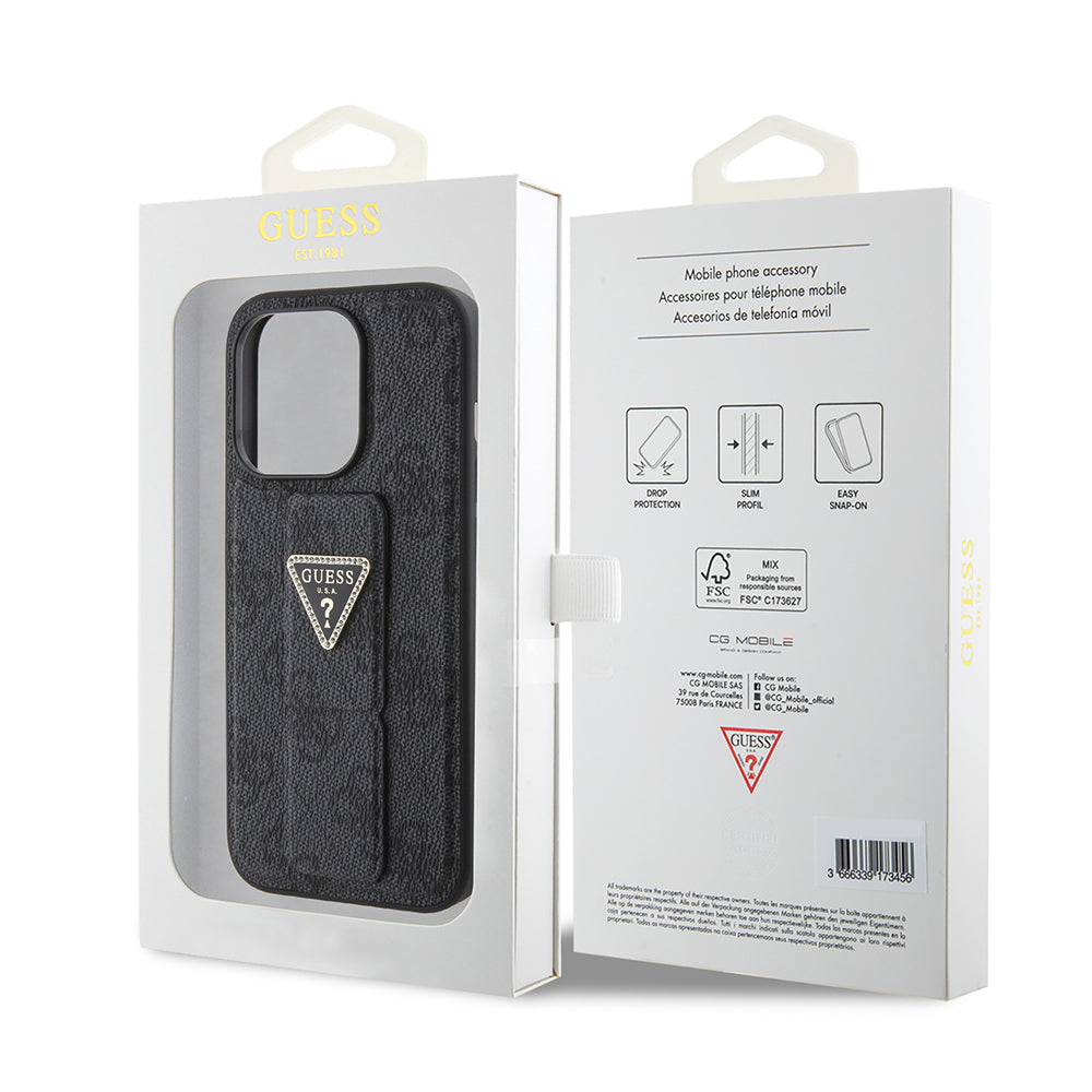 Калъф за Apple iPhone 15 Pro Max, Guess, Grip Stand 4G Triangle Strass, Черен