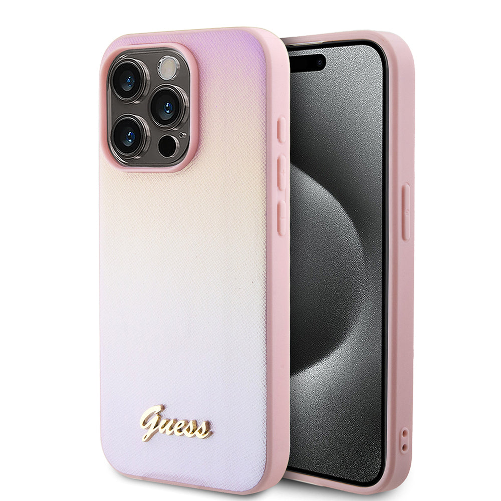 Калъф за Apple iPhone 15 Pro Max, Guess, Iridescent Metal Script, Розов