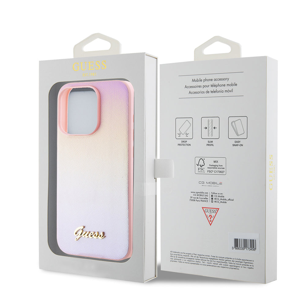 Калъф за Apple iPhone 15 Pro Max, Guess, Iridescent Metal Script, Розов