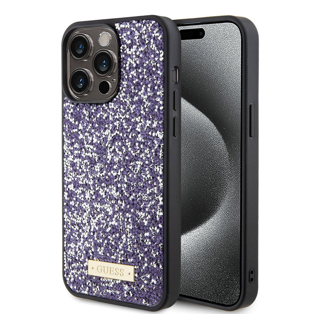 Калъф за Apple iPhone 15 Pro, Guess, Rhinestone Metal Logo, Лилав