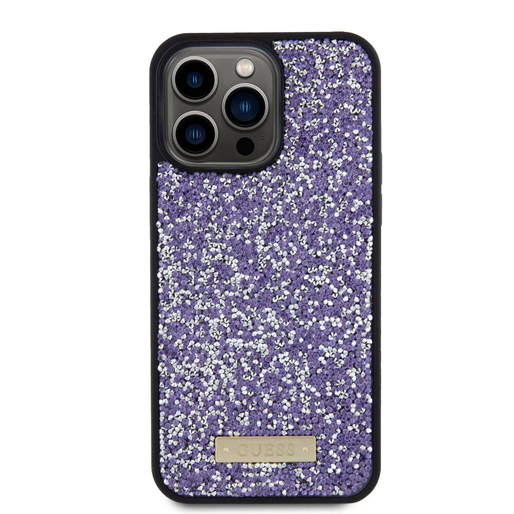 Калъф за Apple iPhone 15 Pro, Guess, Rhinestone Metal Logo, Лилав