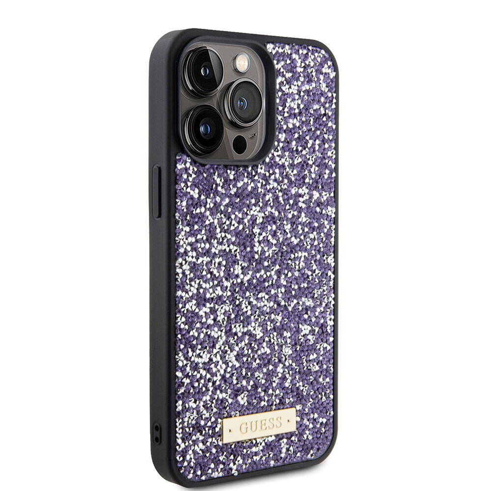 Калъф за Apple iPhone 15 Pro, Guess, Rhinestone Metal Logo, Лилав