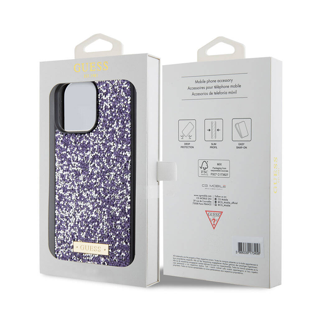 Калъф за Apple iPhone 15 Pro, Guess, Rhinestone Metal Logo, Лилав