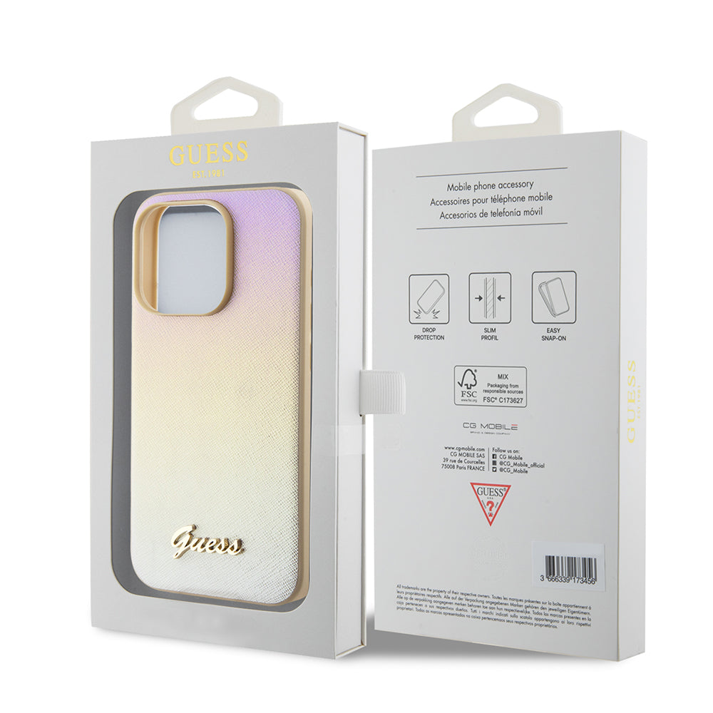 Калъф за Apple iPhone 15 Pro Max, Guess, Saffiano Iridescent Script, Златист