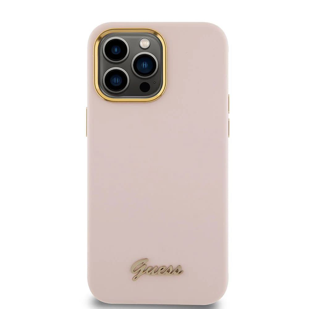 Калъф за Apple iPhone 15 Pro Max, Guess, Script Metal Logo & Frame, Светлорозов