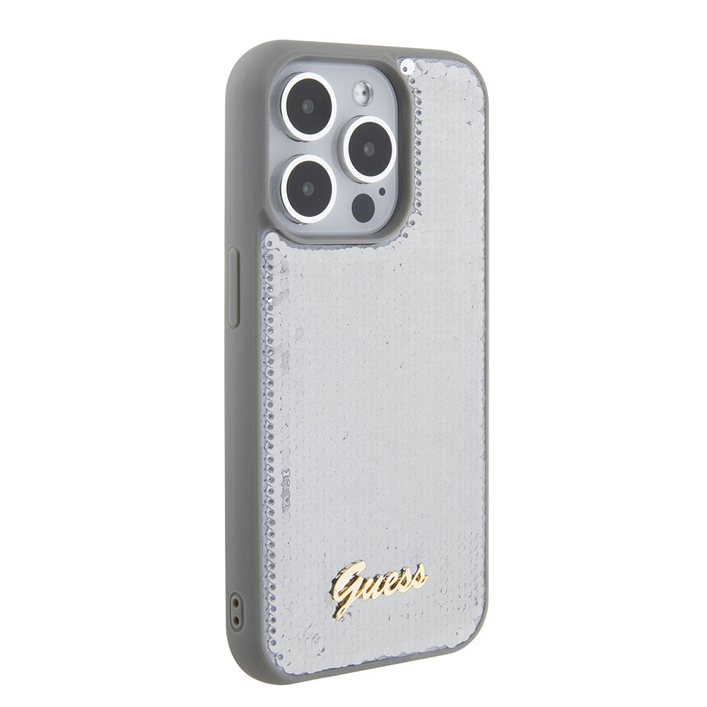 Калъф за Apple iPhone 15 Pro Max, Guess, Sequin Script Metal, Сребрист