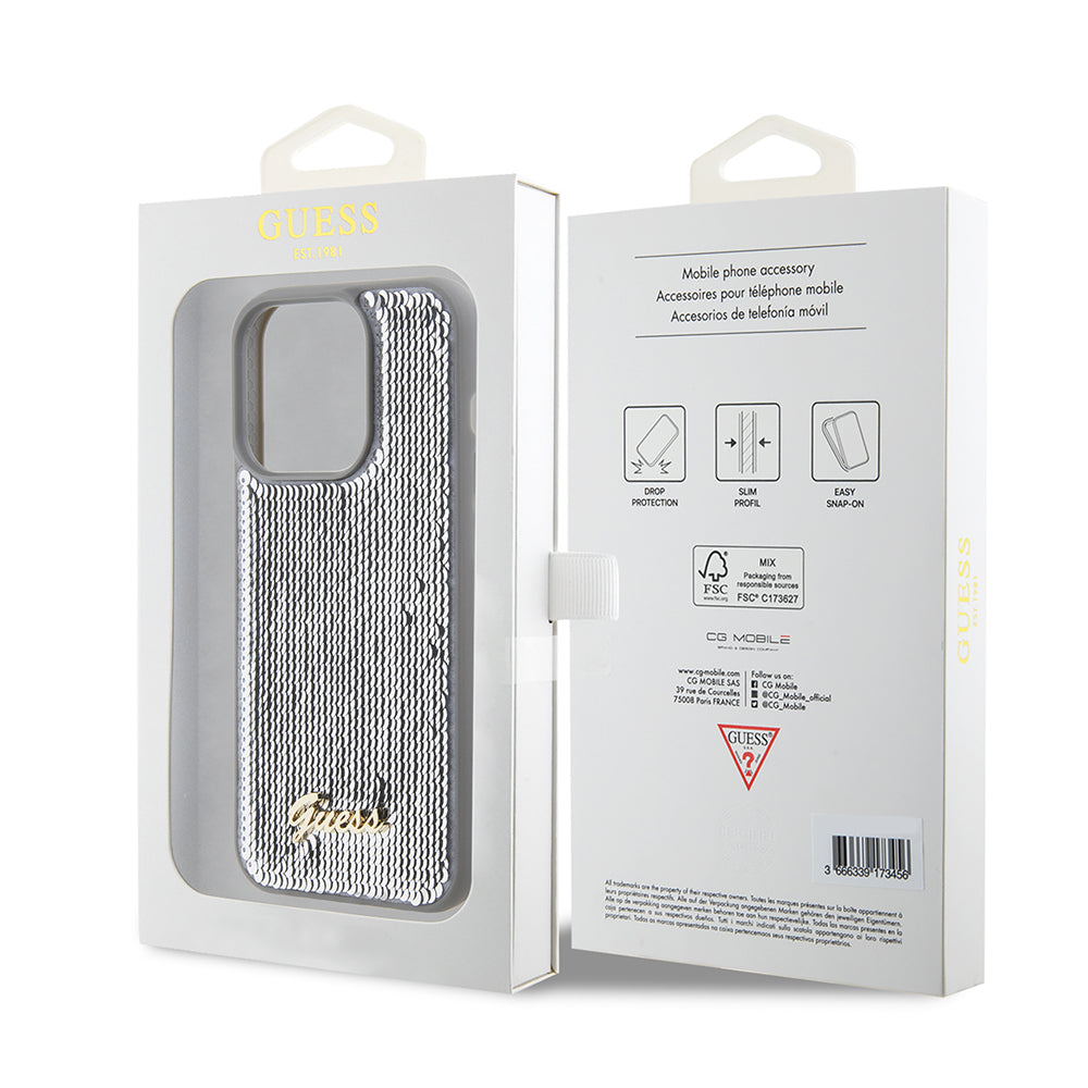 Калъф за Apple iPhone 15 Pro Max, Guess, Sequin Script Metal, Сребрист