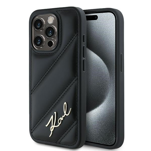 Калъф за Apple iPhone 15 Pro Max, Karl Lagerfeld, Diagonal Quilted Script, Черен