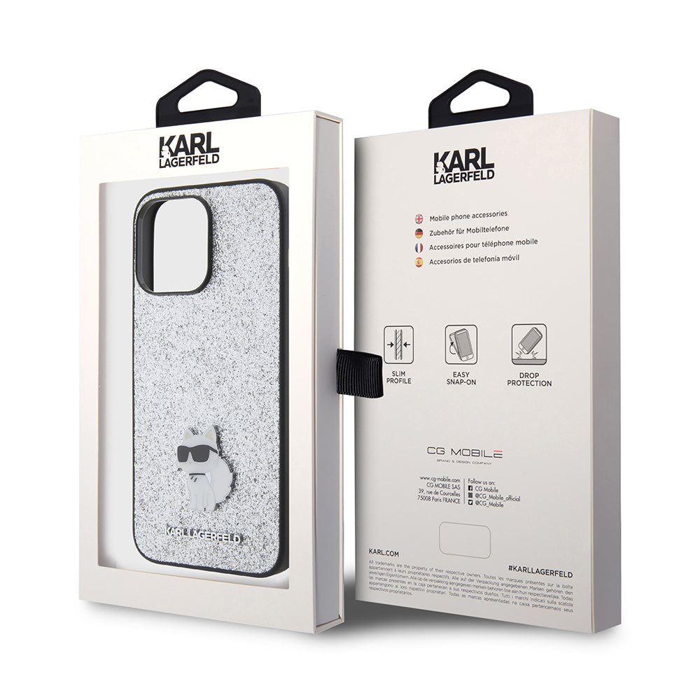 Калъф за Apple iPhone 15 Pro Max, Karl Lagerfeld, Glitter Fixed Choupette Logo, Сребрист.