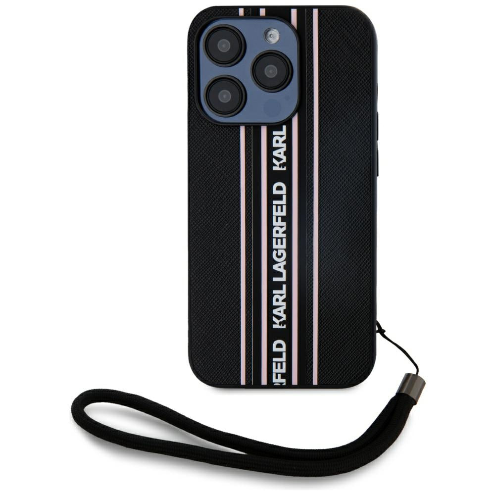 Калъф за Apple iPhone 15 Pro Max, Karl Lagerfeld, Saffiano Athleisure Stripes with Strap, Розов