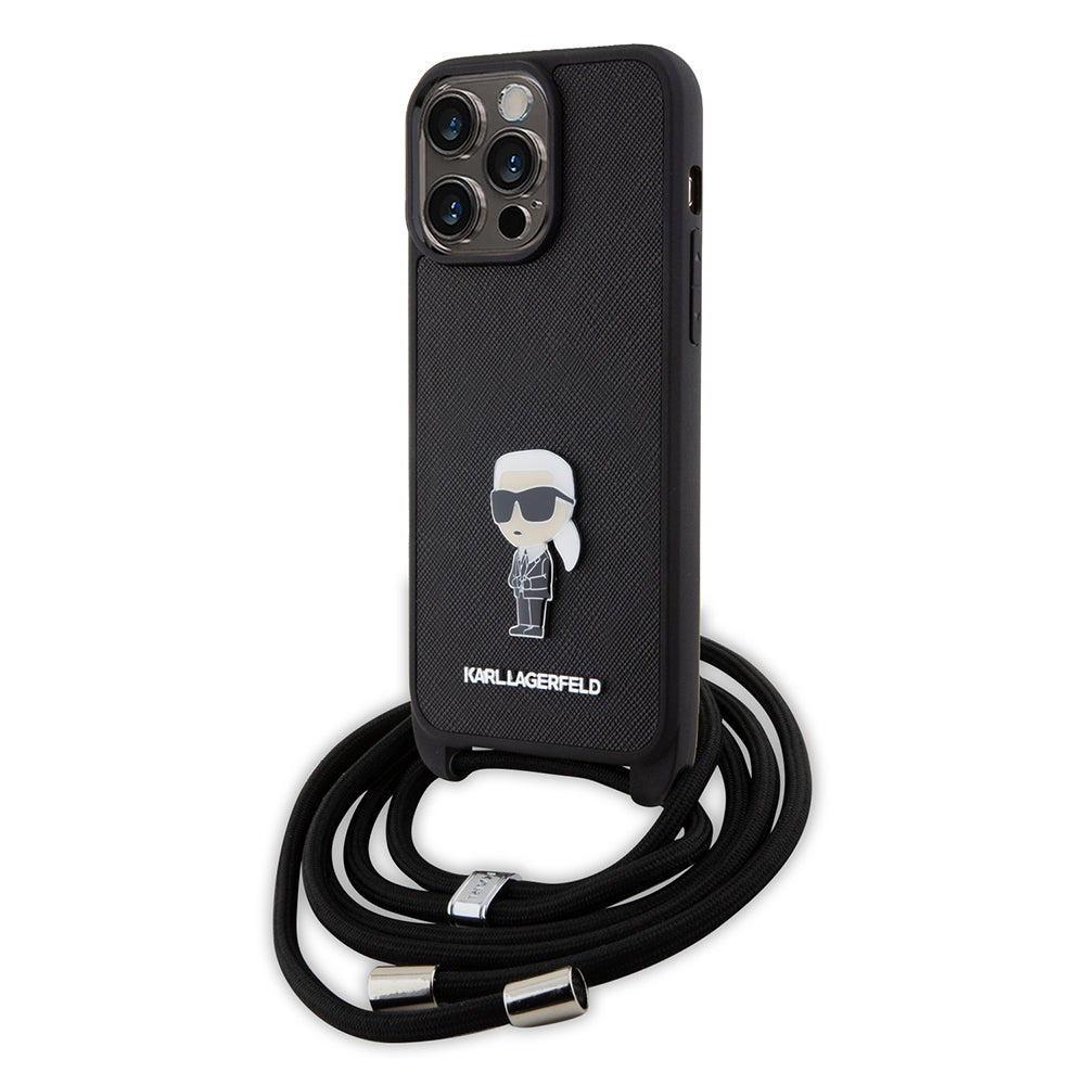 Case for Apple iPhone 15 Pro Max, Karl Lagerfeld, Saffiano Crossbody Monogram Metal Pin Karl, Black