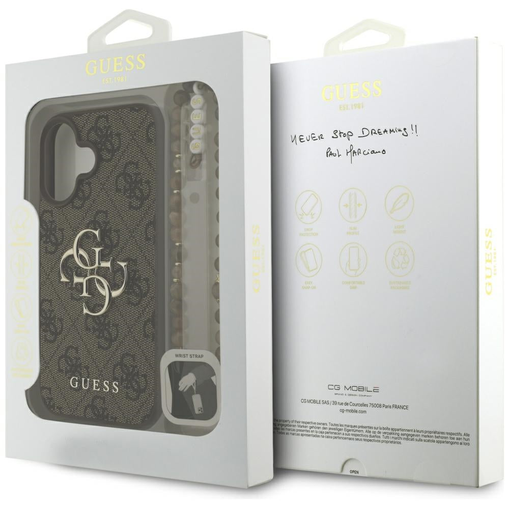Калъф за Apple iPhone 16, Guess, 4G Classic Logo with Strap, Кафяв