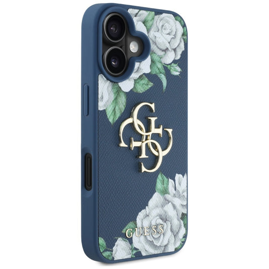 Калъф за Apple iPhone 16, Guess, 4G Grained Roses Big Logo, Син