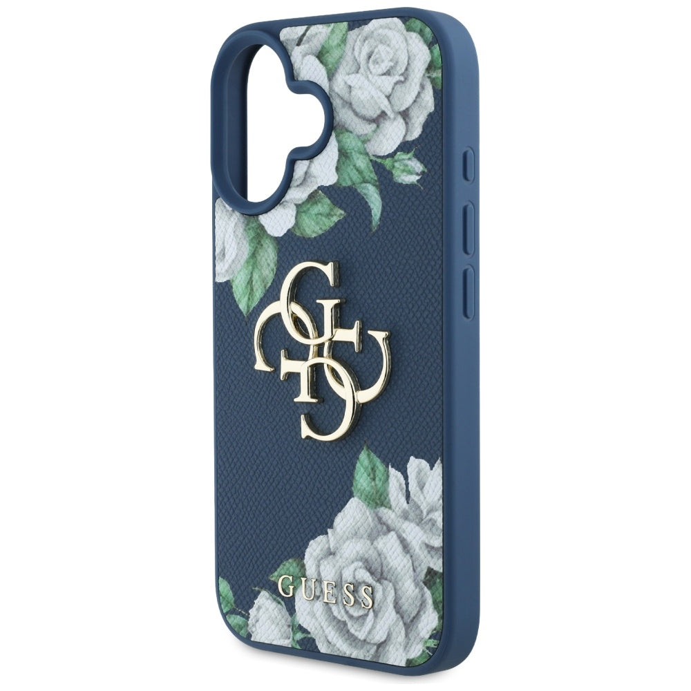 Калъф за Apple iPhone 16, Guess, 4G Grained Roses Big Logo, Син