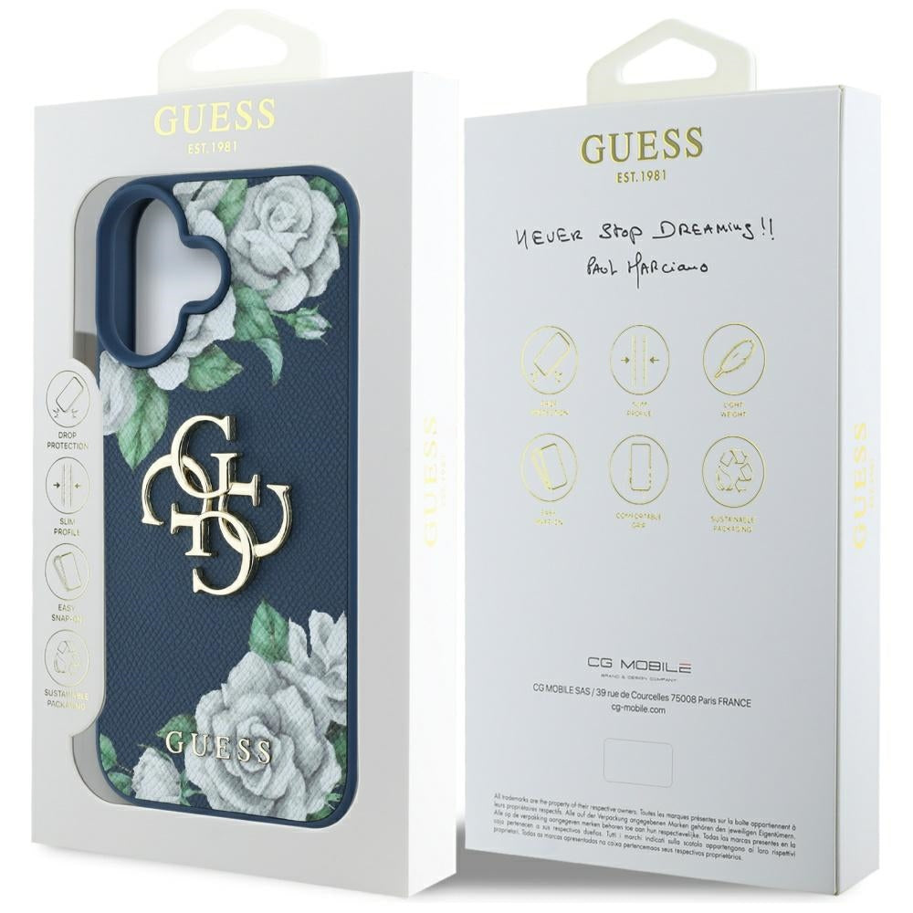 Калъф за Apple iPhone 16, Guess, 4G Grained Roses Big Logo, Син