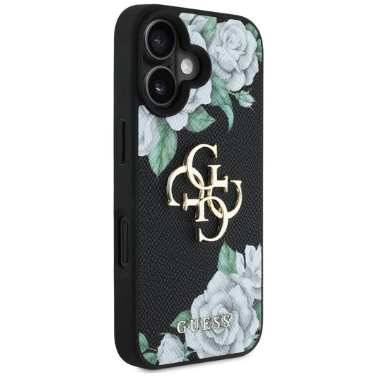Калъф за Apple iPhone 16, Guess, 4G Grained Roses Big Logo, Черен