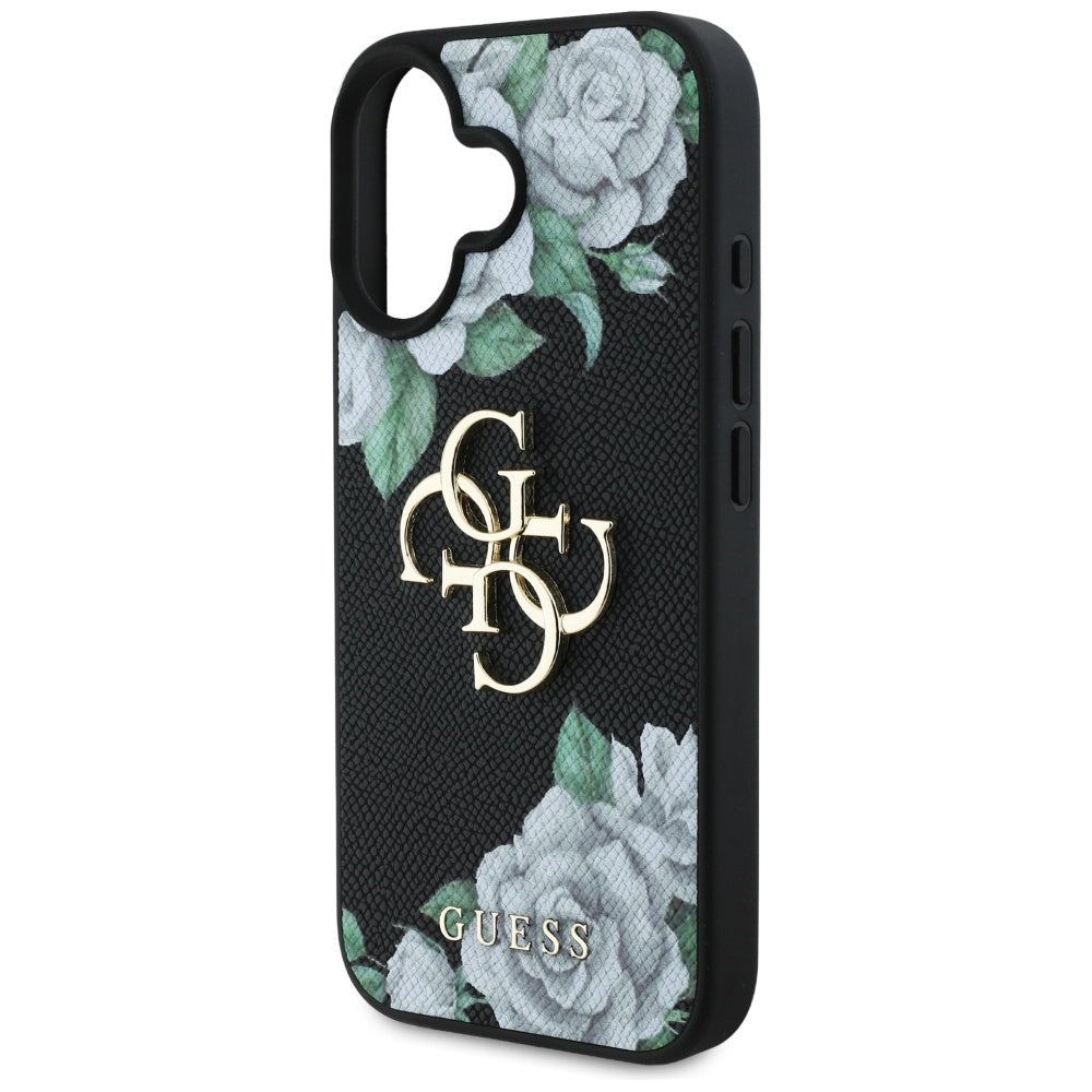 Калъф за Apple iPhone 16, Guess, 4G Grained Roses Big Logo, Черен