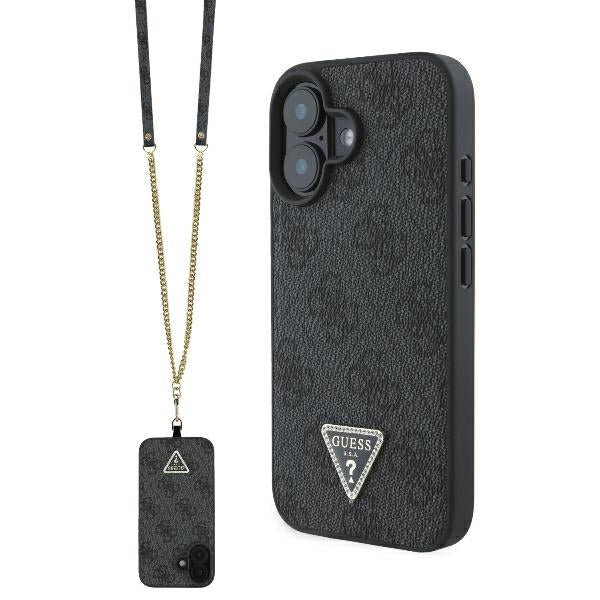 Калъф за Apple iPhone 16, Guess, Crossbody 4G Triangle Strass, Черен