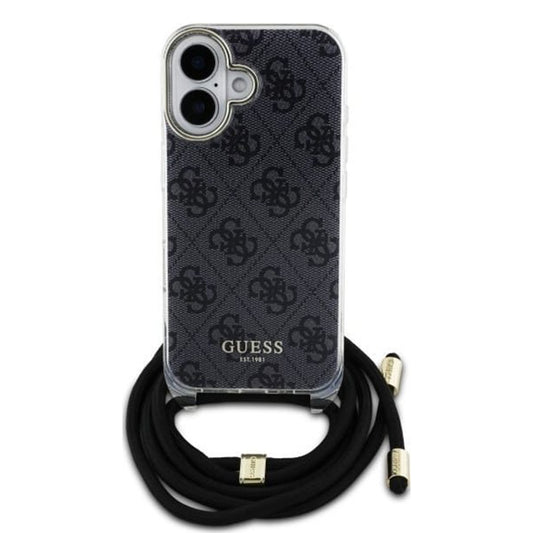 Калъф за Apple iPhone 16, Guess, Crossbody Cord 4G Print, Черен