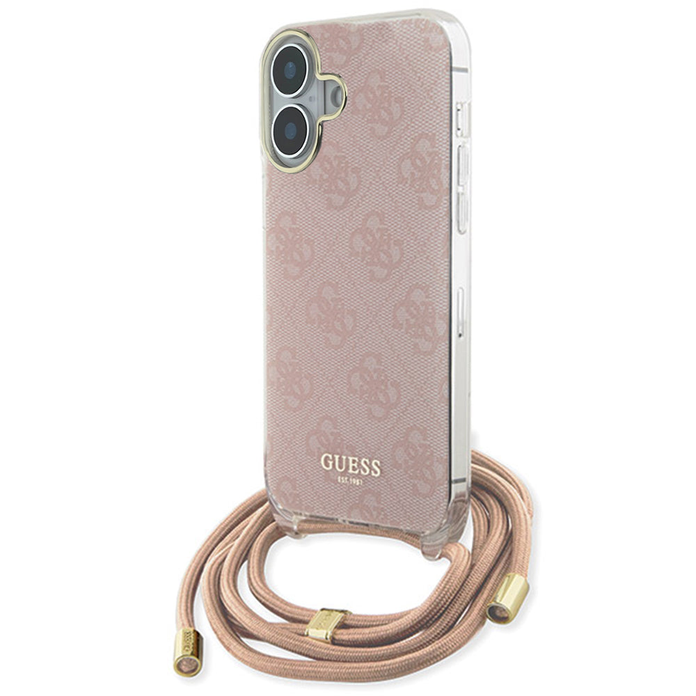 Калъф за Apple iPhone 16, Guess, Crossbody Cord 4G Print, Розов