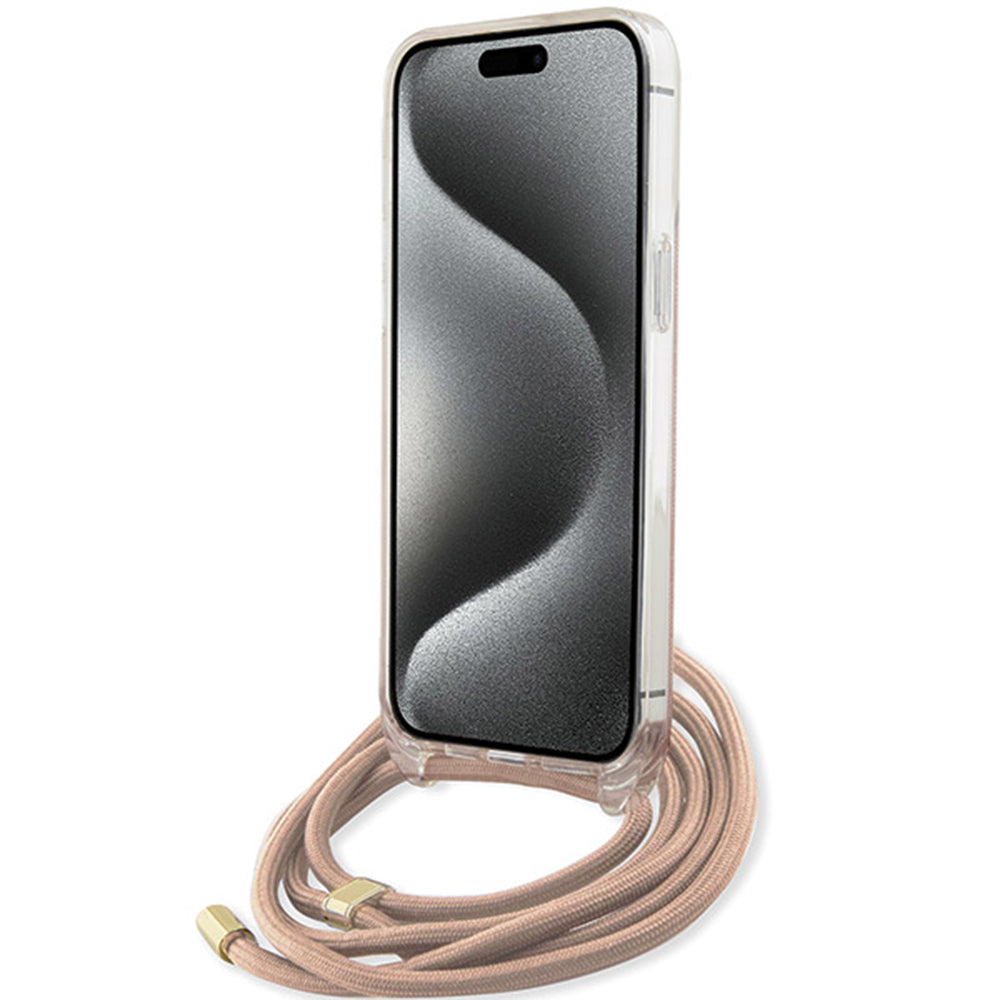 Калъф за Apple iPhone 16, Guess, Crossbody Cord 4G Print, Розов