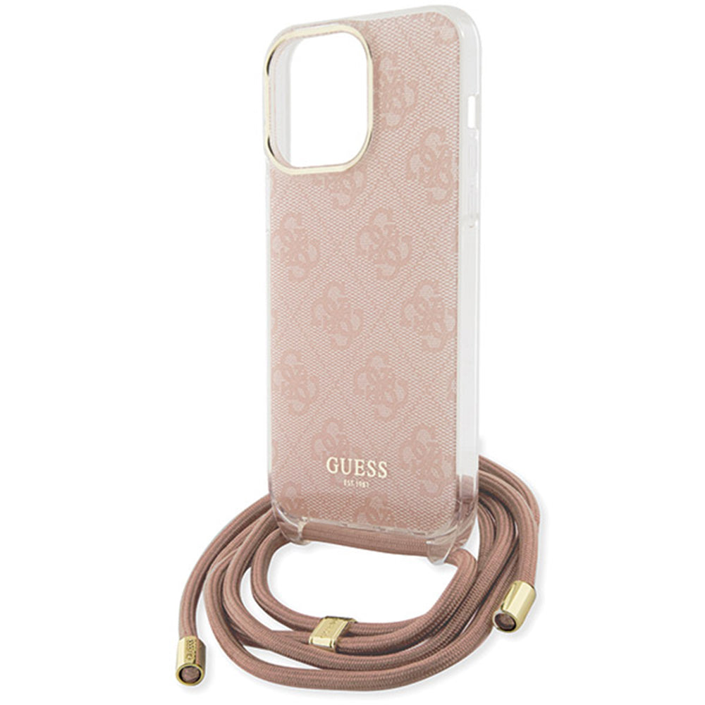 Калъф за Apple iPhone 16, Guess, Crossbody Cord 4G Print, Розов