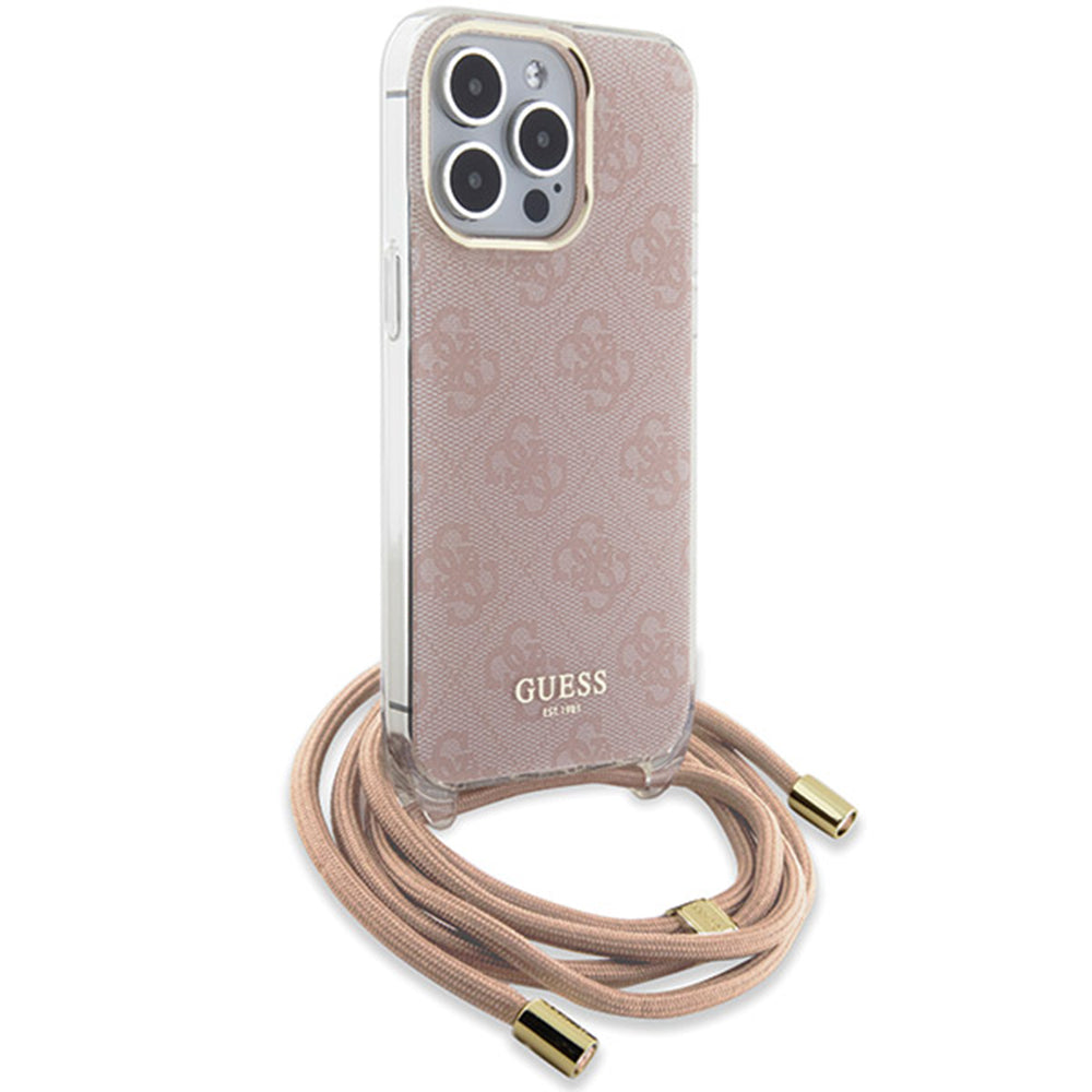 Калъф за Apple iPhone 16, Guess, Crossbody Cord 4G Print, Розов