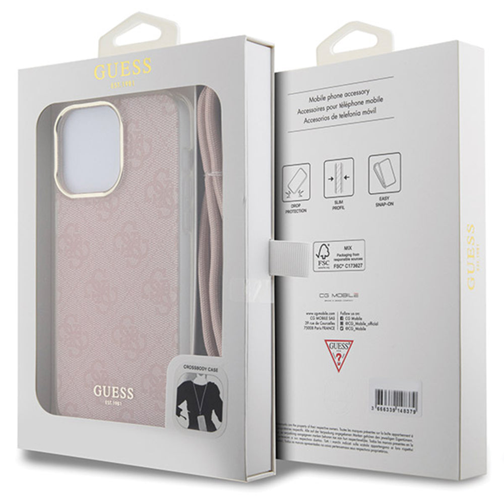 Калъф за Apple iPhone 16, Guess, Crossbody Cord 4G Print, Розов