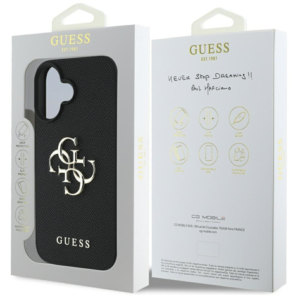 Case for Apple iPhone 16, Guess, Grained Big 4G Logo Small Classic Logo, Black