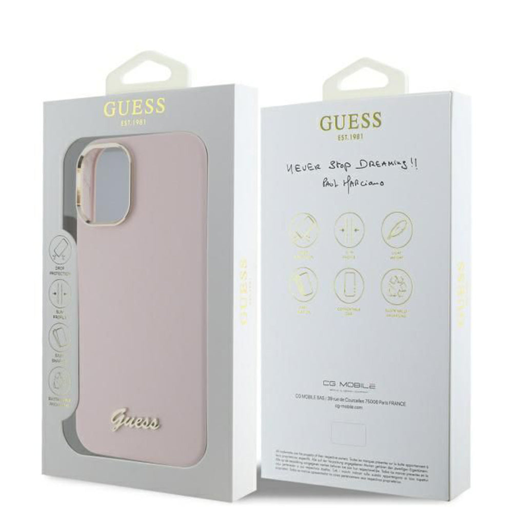 Case for Apple iPhone 16, Guess, Script Metal Logo & Frame, Pink