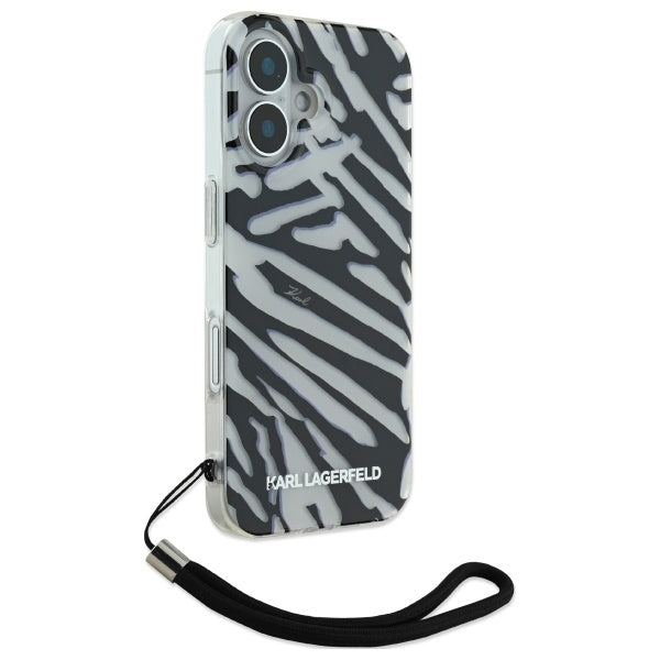 Калъф за Apple iPhone 16, Karl Lagerfeld, IML Luxury Zebra Pattern with Strap, Черен