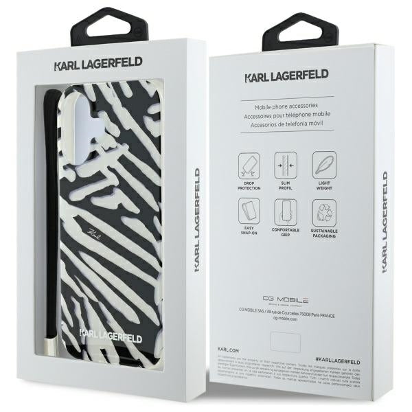 Калъф за Apple iPhone 16, Karl Lagerfeld, IML Luxury Zebra Pattern with Strap, Черен