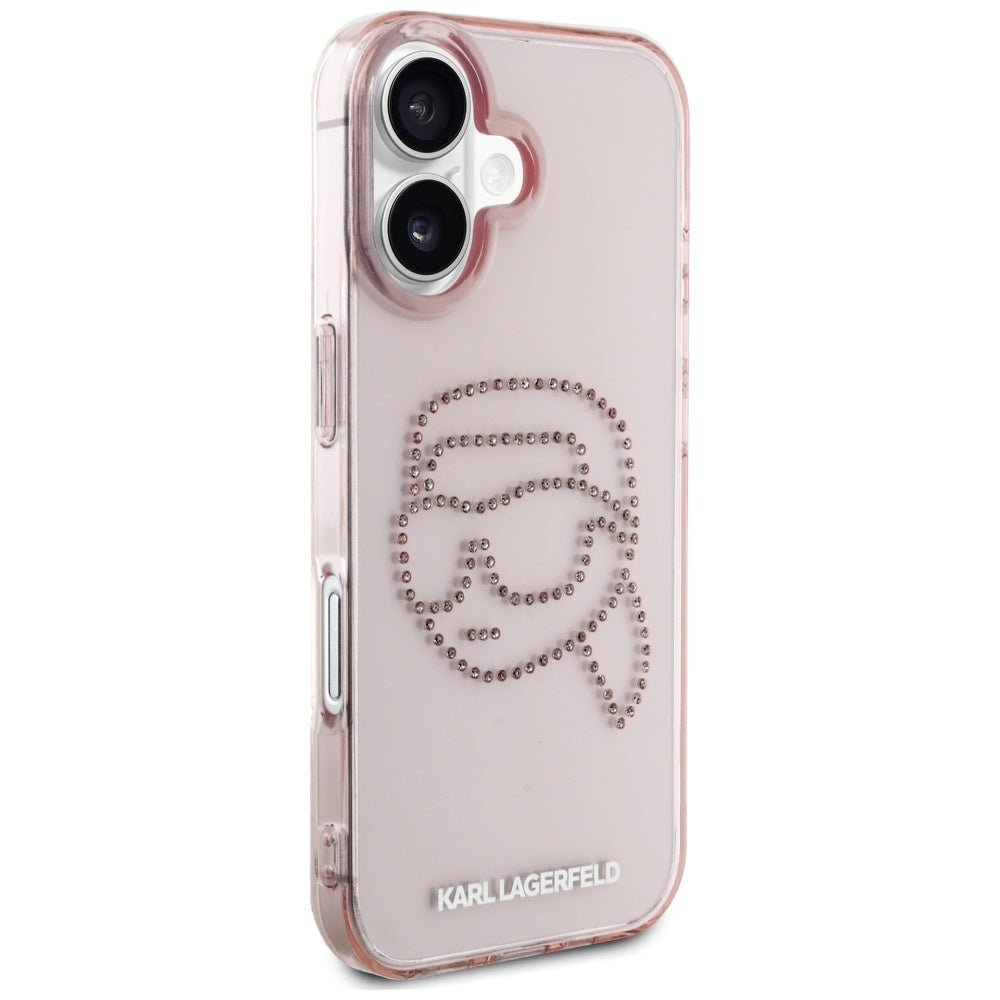 Калъф за Apple iPhone 16, Karl Lagerfeld, IML Rhinestones Karl's Head, Розов