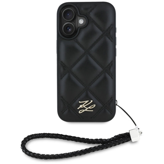 Калъф за Apple iPhone 16, Karl Lagerfeld, Quilted Initial Logo & Chain Strap, Черен