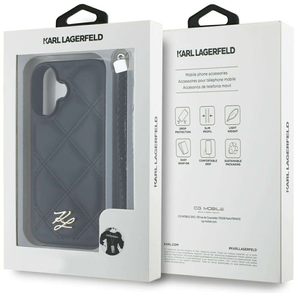 Калъф за Apple iPhone 16, Karl Lagerfeld, Quilted Initial Logo & Chain Strap, Черен