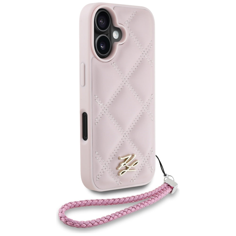 Калъф за Apple iPhone 16, Karl Lagerfeld, Quilted Initial Logo & Chain Strap, Розов