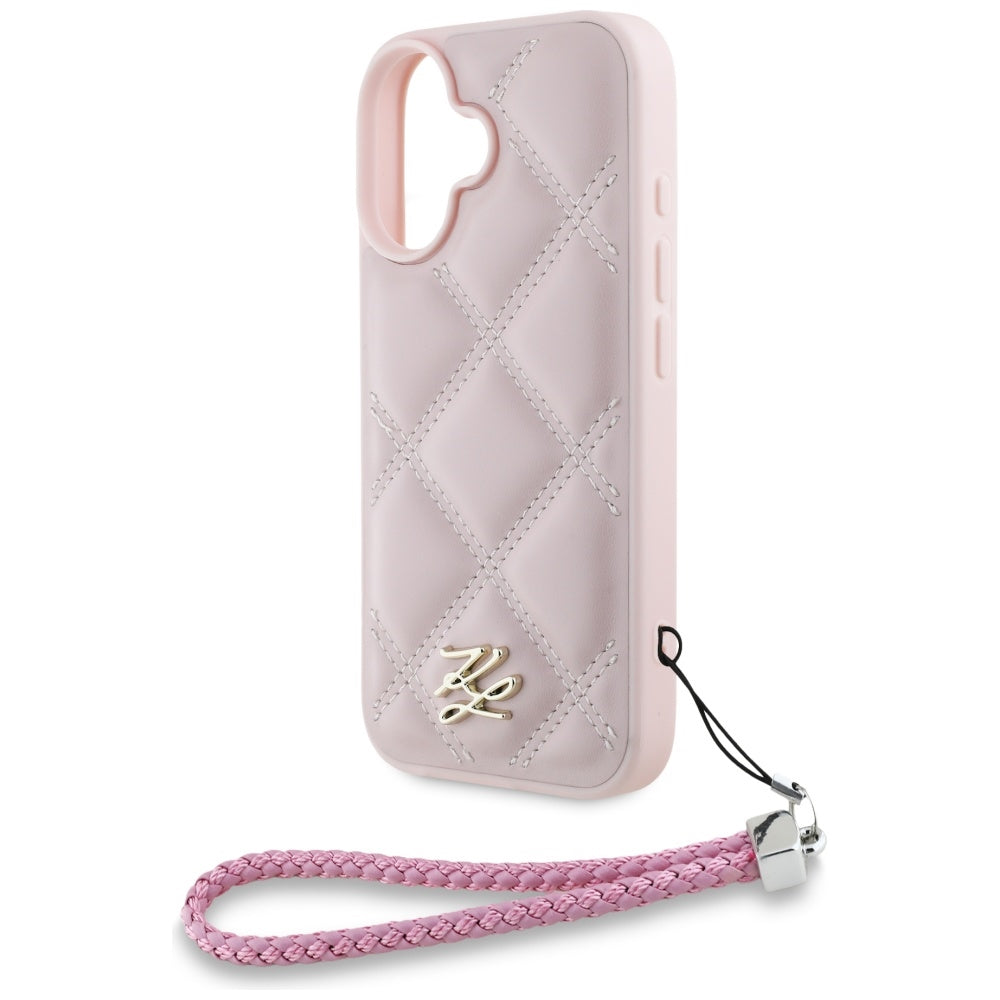 Калъф за Apple iPhone 16, Karl Lagerfeld, Quilted Initial Logo & Chain Strap, Розов