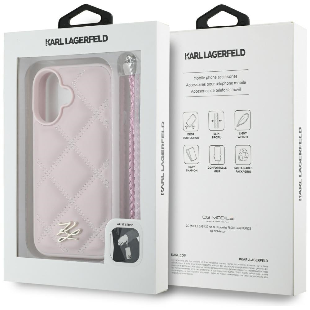 Калъф за Apple iPhone 16, Karl Lagerfeld, Quilted Initial Logo & Chain Strap, Розов