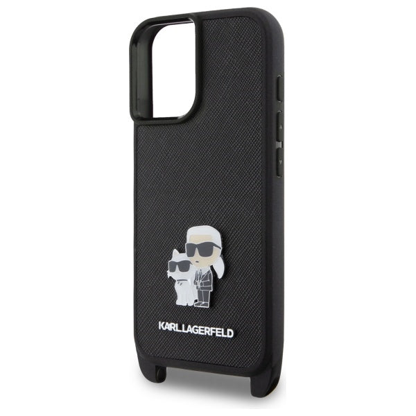 Калъф за Apple iPhone 16, Karl Lagerfeld, Saffiano Crossbody Metal Pin Karl & Choupette, Бял