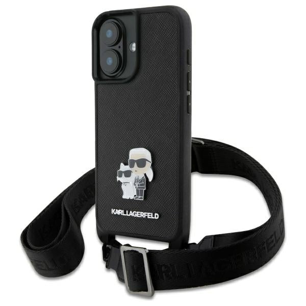 Калъф за Apple iPhone 16, Karl Lagerfeld, Saffiano Crossbody Metal Pin Karl & Choupette, Бял