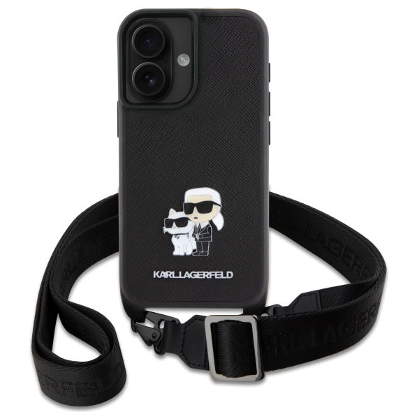 Калъф за Apple iPhone 16, Karl Lagerfeld, Saffiano Crossbody Metal Pin Karl & Choupette, Бял