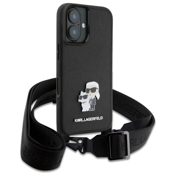 Калъф за Apple iPhone 16, Karl Lagerfeld, Saffiano Crossbody Metal Pin Karl & Choupette, Бял