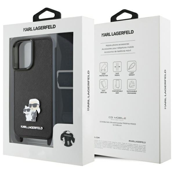Калъф за Apple iPhone 16, Karl Lagerfeld, Saffiano Crossbody Metal Pin Karl & Choupette, Бял